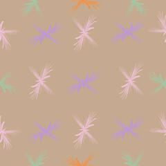 Abstract images of colorful birds on a beige background. For fabric, wallpaper and background.