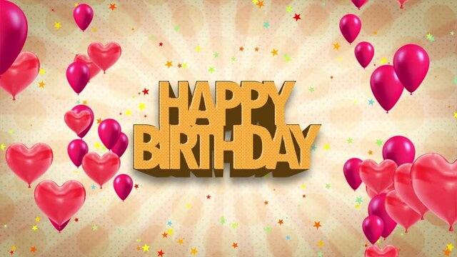 Happy Birthday text animation and colorful particles fade out from the Happy Birthday text. Birthday celebration Greeting Card. Wishes, Events, holiday, festival. balloon, confetti and gift box.