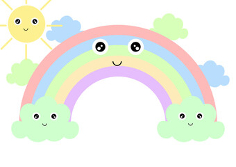 background with sunny day theme, with rainbow, cloud and sun with smiling face, with bright and beautiful color blend