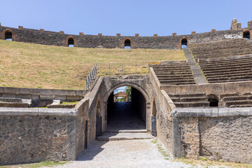 View on Amphitheatre of Pompeii  buried by the eruption of Vesuvius volcano in 79 AD, Pompeii, Naples, Italy
