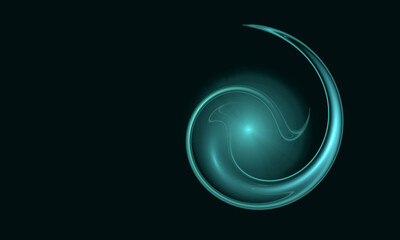 Digital turquoise glowing twirl, spin or twirl rotating in weightlessness in dark deep space. Fantastic fictional concept. Great as abstract idea, technology innovation, science research and other.