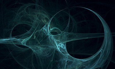 Fictional 3d digital illustration of black holes, scientific fantasy, cosmic substance or matter in glowing turquoise color on dark background. Artistic and fantastic volumetric dimension.