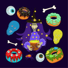 Halloween witch, donuts cakes, eyes vector set. Isolated Halloween elements of decor on darck background.