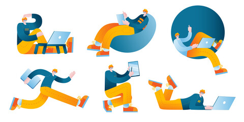 A character working on a computer or tablet in various poses. A set of vector illustrations on the topic of working at a computer at home and in the office.