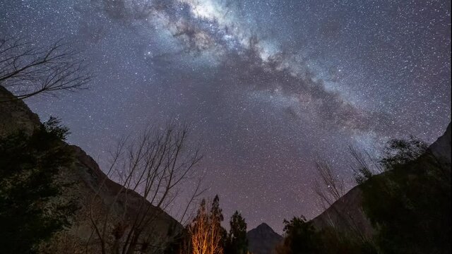 Time lapse of a Milky Way in motion over a valley with shooting stars between mountains in Valle del Elqui, Chile.