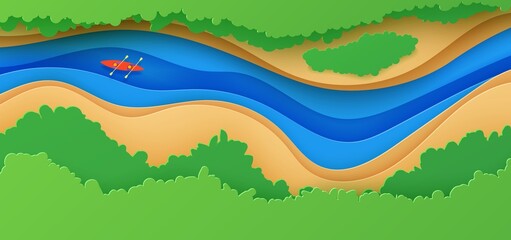 Top view landscape in paper cut style. Eco tourism 3d background with aerial view river green trees and kayak boat. Vector card illustration of extreme rafting sport vacation adventure papercut art.