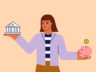 Fototapeta na wymiar Woman choosing between bank and piggybank flat vector illustration. Budget planning concept. Money savings investment and funding. Bank loan and economy choice. Financial literacy. Modern illustration