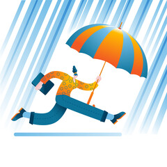 A woman with a laptop and an umbrella runs in the rain. Vector illustration in a flat style of autumn and rush to work.