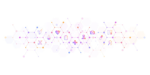 Illustration of medical background and healthcare technology with flat icons and symbols. Design template of concept and idea for health care business, innovation medicine, health safety, science