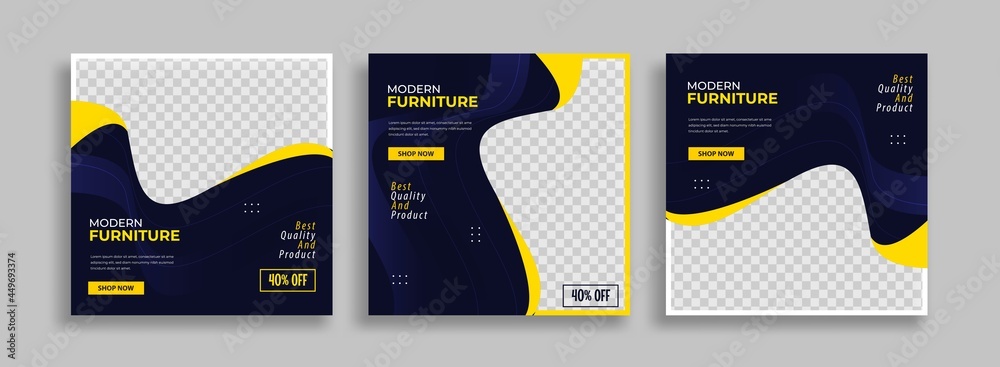 Wall mural set of editable minimal square banner template. blue yellow white background color with geometric sh
