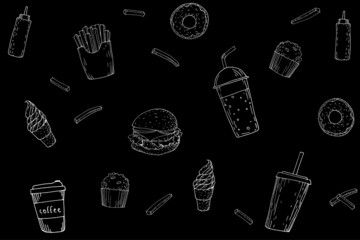Junk food tasty doodle chalkboard pattern. Black white hamburger soda ice cream fat and sweet isolated graphic. Hot coffee to go unhealthy snacks disease risk vector