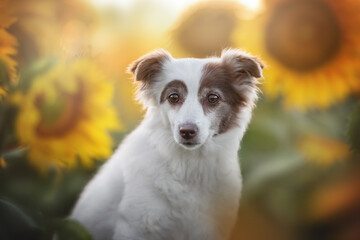 A funny mixed breed dog with expressive eyebrows and round shiny eyes sitting among bright blooming sunflowers against the background of the summer warm setting sun