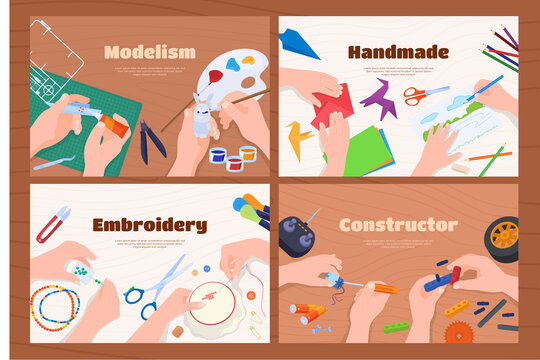 Set of handmade hobbies horizontal banner with place for text vector flat illustration