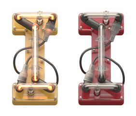 Red and Yellow neon font. Turn off, on. Letter I.