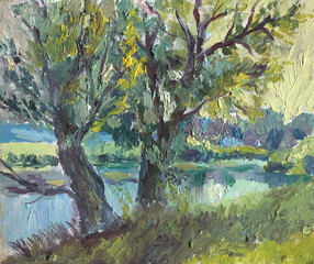 trees by the river painting  - 449695935
