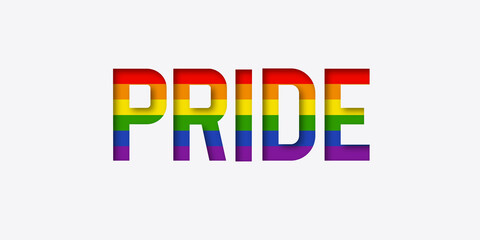 PRIDE illustration with rainbow flag. White paper cut label. Human rights concept. LGBTQ+ Pride. LGBT event.