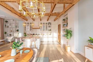 modern expensive luxurious open-plan apartment. Rich Scandinavian-style interior with wooden beams on the ceiling in pastel colors