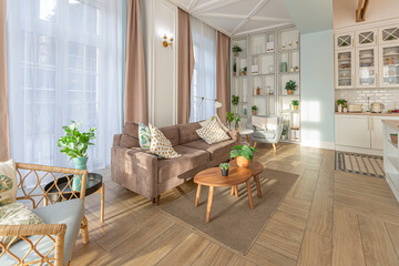 modern expensive luxurious open-plan apartment. Rich Scandinavian-style interior with wooden beams on the ceiling in pastel colors