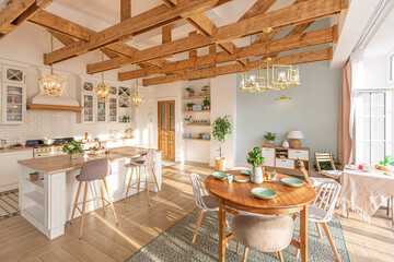 modern expensive luxurious open-plan apartment. Rich Scandinavian-style interior with wooden beams on the ceiling in pastel colors