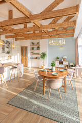 modern expensive luxurious open-plan apartment. Rich Scandinavian-style interior with wooden beams...