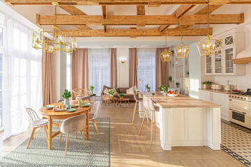 modern expensive luxurious open-plan apartment. Rich Scandinavian-style interior with wooden beams on the ceiling in pastel colors
