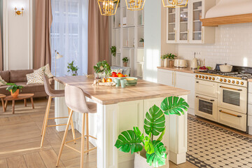 modern expensive luxurious open-plan apartment. Rich Scandinavian-style interior with wooden beams on the ceiling in pastel colors