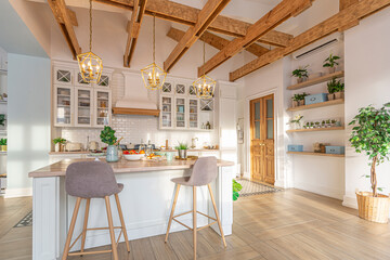 Fototapeta na wymiar modern expensive luxurious open-plan apartment. Rich Scandinavian-style interior with wooden beams on the ceiling in pastel colors