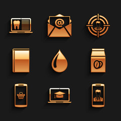 Set Water drop, Graduation cap on laptop, Smartphone with contact, Coffee beans in bag, Shopping basket mobile and Book icon. Vector