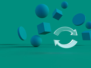 3D rendered arrowed circle on a green background with different minimalistic shapes. Illustration of recycling materials, green awareness, and restart. Visualization of abstract environments.