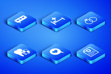 Set Clinical record, Like and heart, Heart speech bubble, Dental protection, Hospital bed and Wedding rings icon. Vector