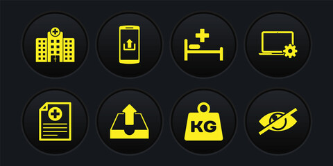 Set Clinical record, Laptop and gear, Upload inbox, Weight, Hospital bed and Smartphone with upload icon. Vector