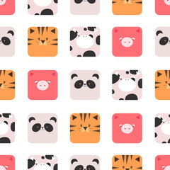 Cute animals with square faces in flat style seamless pattern on white background for nursery. Vector stock illustration