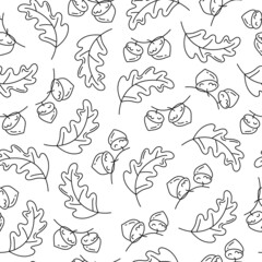 Autumn oak leaves with acorns seamless pattern in doodle linear style on white background. Vector stock illustration