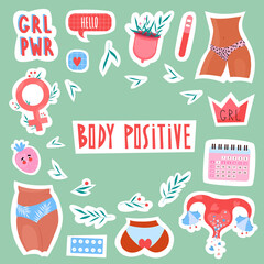 Womens stickers with uterus, calendar, menstrual cup and body positive elements and inscriptions in hand drawn style. Vector stock illustration