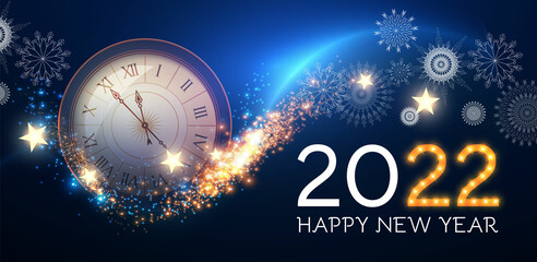 Happy New 2022 Year Background with Clock, Snowflakes and Bokeh Effect