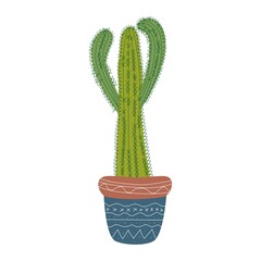 hand drawn green cereus cactus in blue pot with white ethno pattern isolate on white background