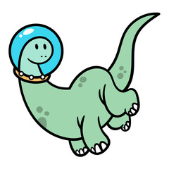 Cartoon illustration of Brontosaurus wearing astronauts helmet and flying on space, best for t-shirt design, sticker, and illustration book of children