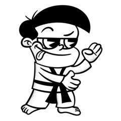 Black and white cartoon illustration of Boy wearing karate uniform put stances and get ready for fight, best for icon, logo, and mascot with martial arts themes