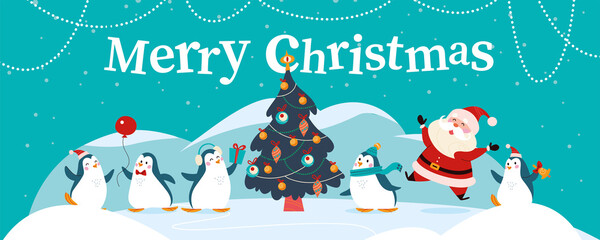 Winter holiday illustration with cute different penguin characters, Santa Claus, decorated xmas fir tree on snowy mountain landscape. Vector cartoon flat concept. For card, package, banner, invitation