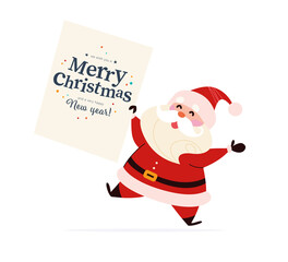 Merry Christmas congratulation banner with funny Santa Claus character and holiday text congratulation isolated. Vector flat cartoon illustration. For card, invitation, web, packaging.