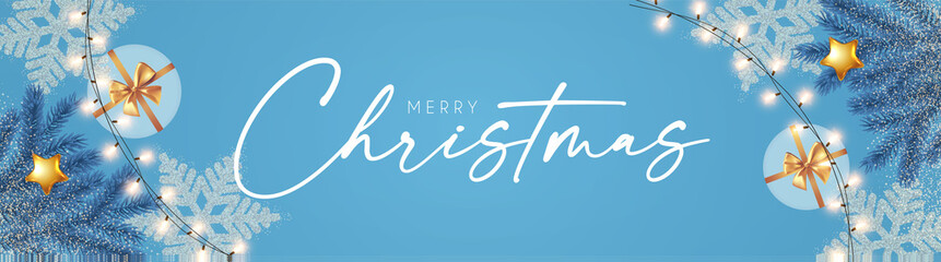 Merry Christmas and Happy New 2022 Year poster template with fir tree branch, snowflakes and gift boxes. Festive header design