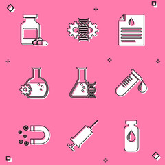 Set Medicine bottle and pills, Gene editing, Clipboard with blood test, Bioengineering, DNA research, search and Test tube drop of icon. Vector