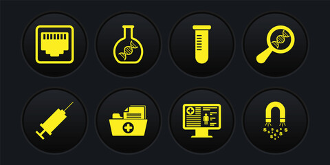 Set Syringe, DNA research, search, Health record folder, Clinical on monitor, Test tube flask and icon. Vector