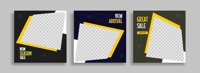 Set of Editable minimal square banner template. Blue yellow white background color with geometric shapes for social media post and web internet ads. Vector illustration