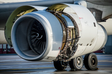 airliner engine during maintenance with cowling open - obrazy, fototapety, plakaty