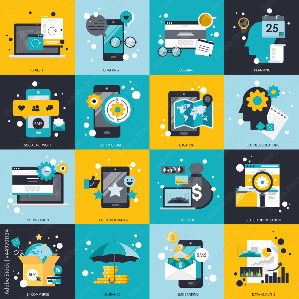 Poster business and technology icon set for websites and mobile applications. flat vector illustration