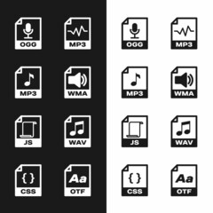 Set WMA file document, MP3, OGG, , JS and WAV icon. Vector