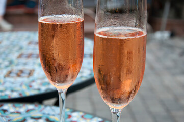 two glasses of champagne rose wine with bubbles, beverage