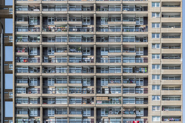 Facade, a Brutalist style tower block, Trellick Tower, in London, England