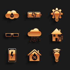 Set Internet of things, House humidity, Light bulb and graduation cap, temperature, Mobile charging battery, Glasses, gear and Humidity icon. Vector